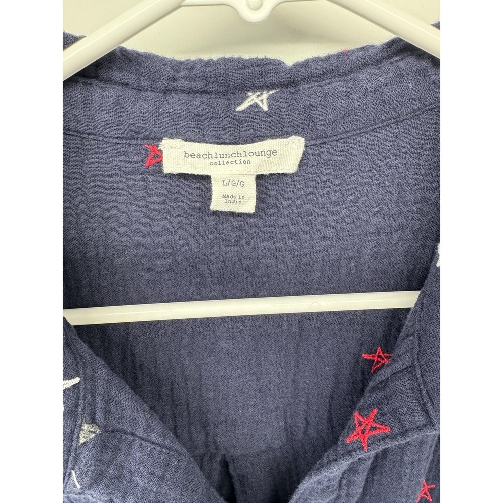 Beachlunchlounge Button Up Shirt Womens Large Blue Star Embroidered Tie Cropped - Picture 3 of 5
